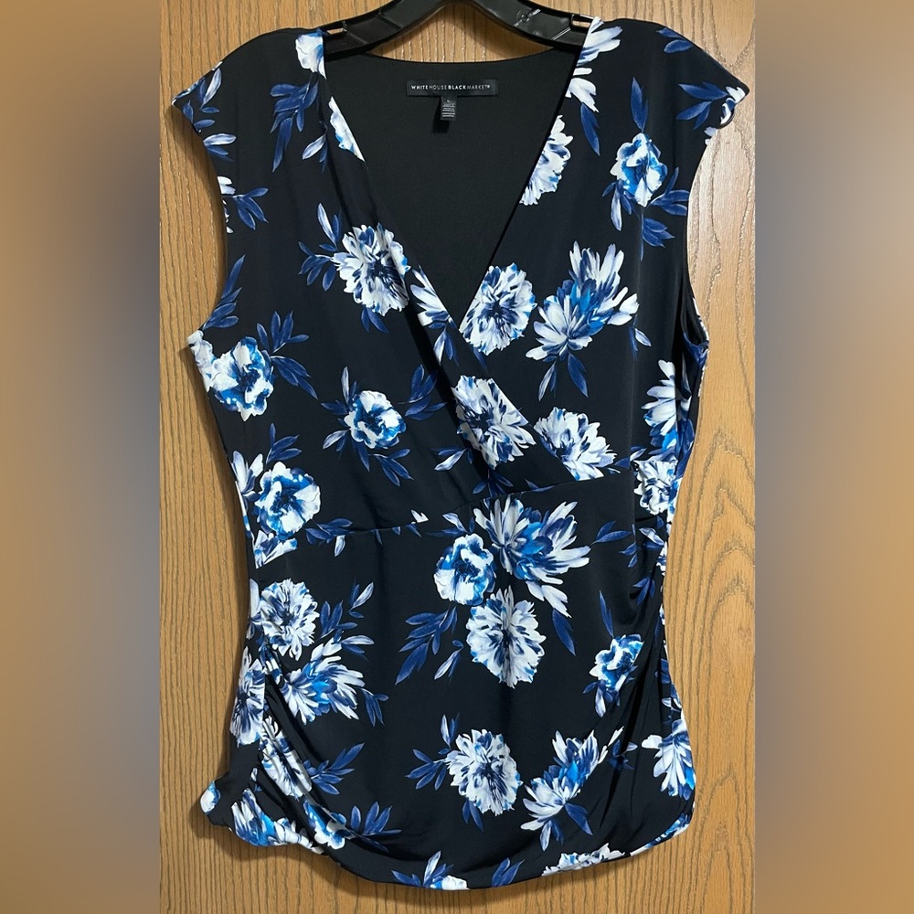 EUC White House Black Market Floral Wrap Blouse - Blue and Black - Picture 2 of 4